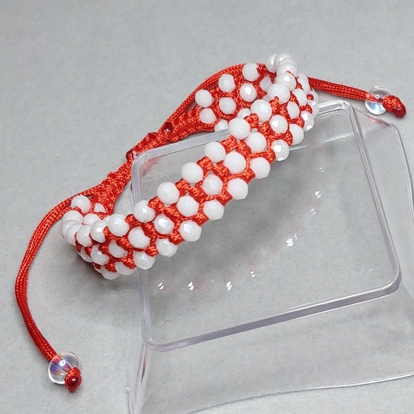 Handmade Jewelry - Opaque White Crystals Red Woven Adjustable Bracelet